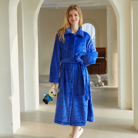 Factory Direct Sale Blue Jacquard Turn-down Collar Soft Flannel Women Bathrobe