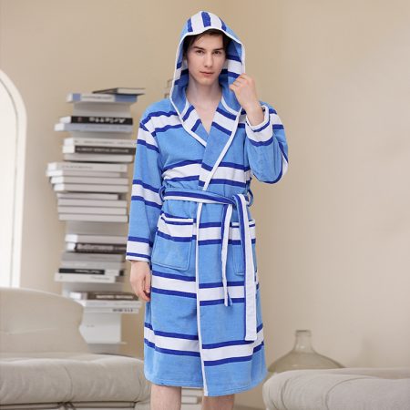 Blue Hooded Men Printed Robe Cotton Robes Terry Striped Bathrobe