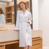 white Kimono Collar Waffle Women Bathrobe with Lace