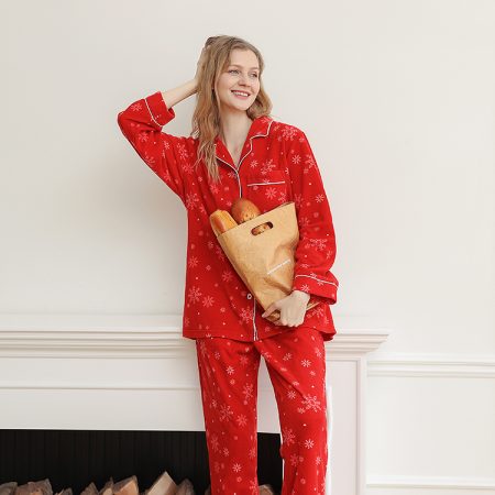 Winter Polar Fleece Pyjama Printed Red Women Christmas Pajamas Set