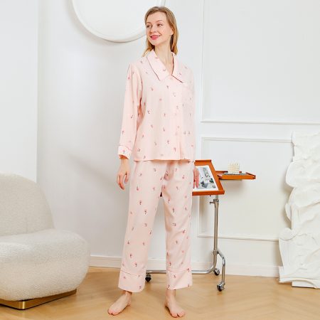 2023 New Spring Girls Womens Sleepwear Cotton Rayon Peach Printed Long Pajamas Set