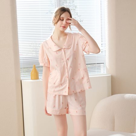 short sleeve pajama set for women pink peach print