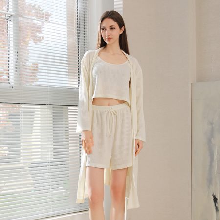 women's waffle white sleepwear 3pcs