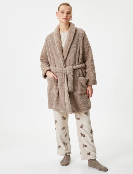 women's fluffy microfiber brown short bathrobe dressing gown