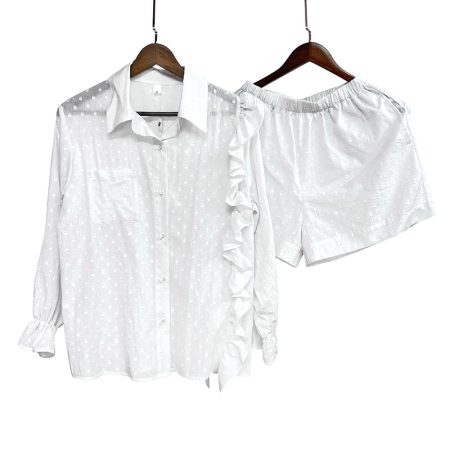 Women's white long-sleeved shorts pajama set