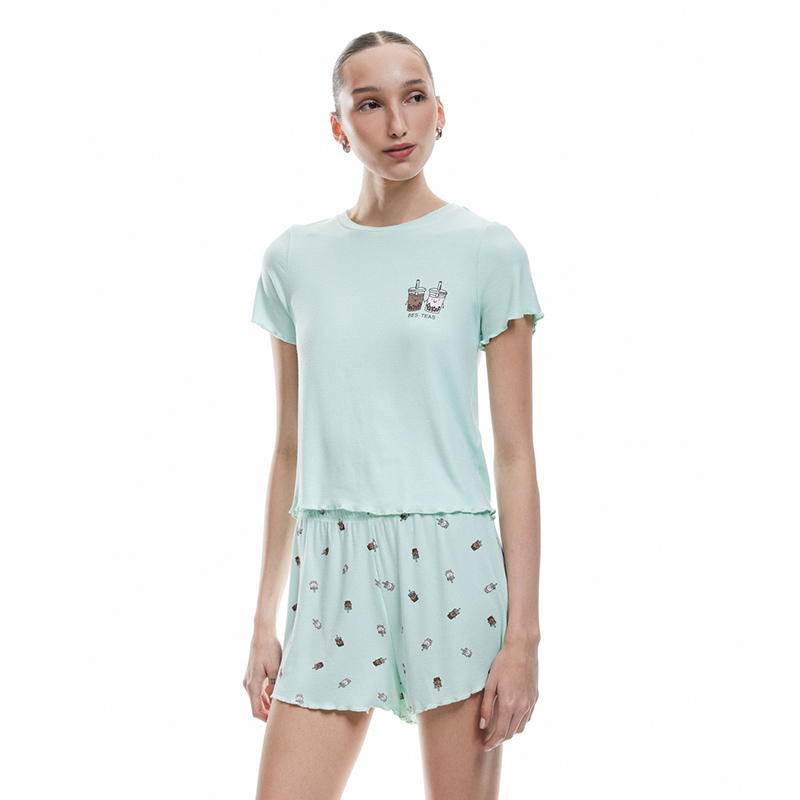 Ribbed viscose fabric short sleeve printed pajama set