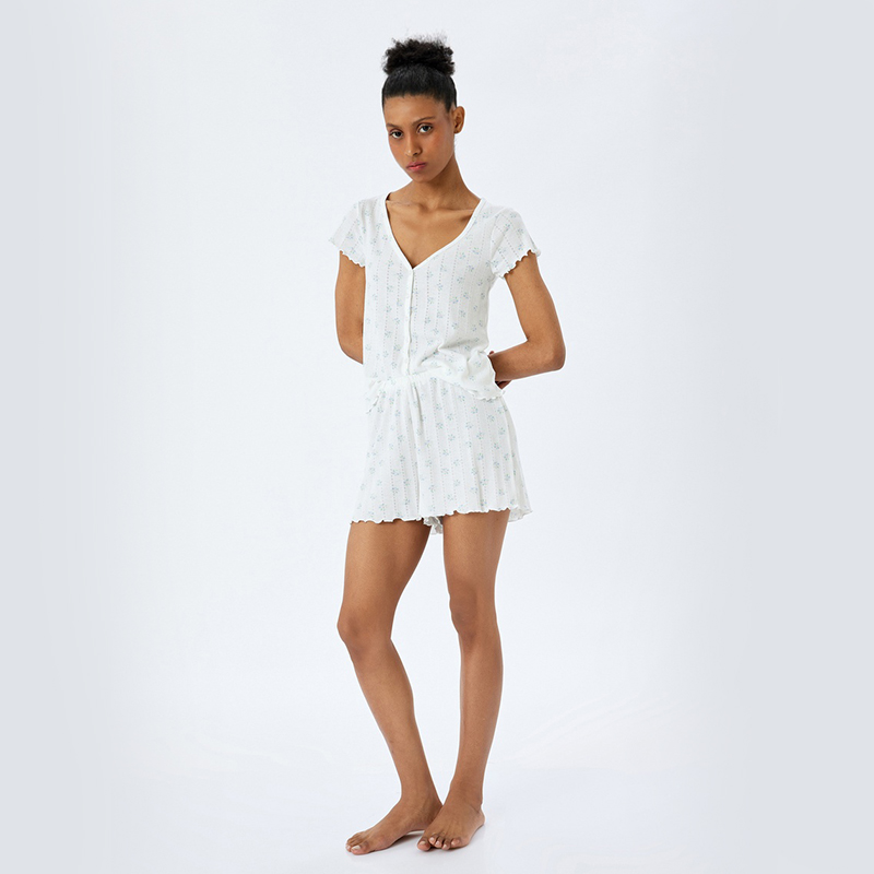 Floral short sleeve V neck buttoned pajama set