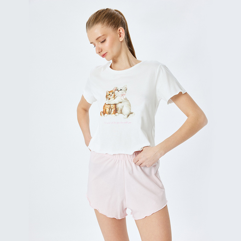 Cat printed cotton women's shorts pajama set