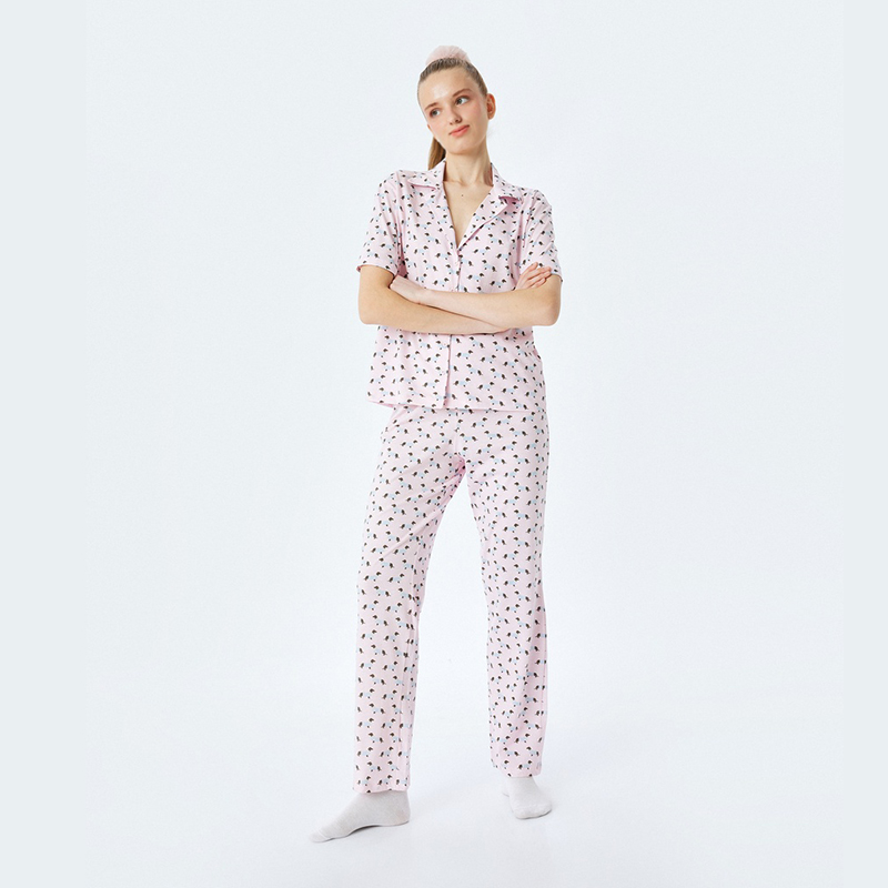 Dog graphic printed short sleeve cotton shirt collar pajama set