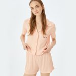 Viscose blend buttoned shirt collar short pajama set