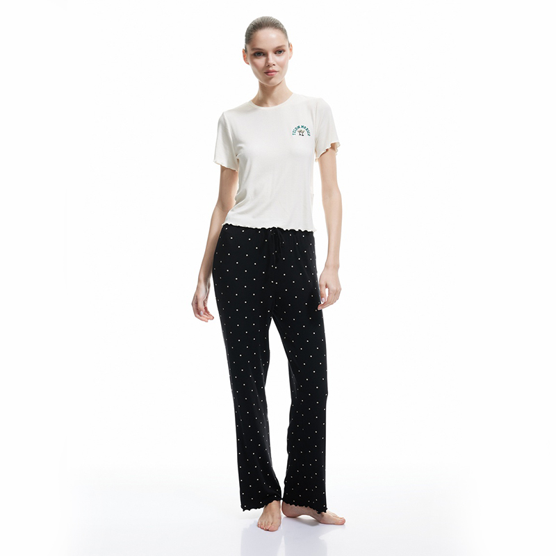 Embroidery detail viscose short sleeve polka dot patterned pajama set