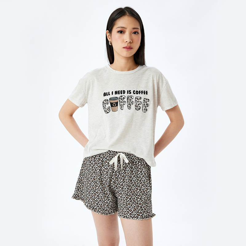 Leopard print cotton blend short sleeve voluminous knitted pajama set with shorts