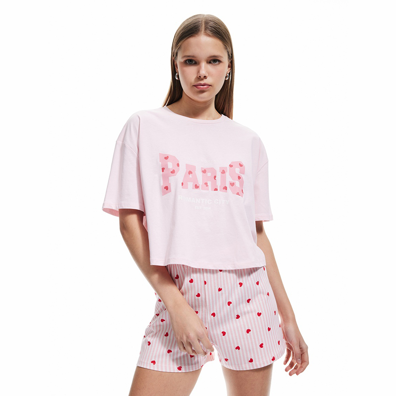 Cotton crew neck short sleeve heart printed shorts pajama set