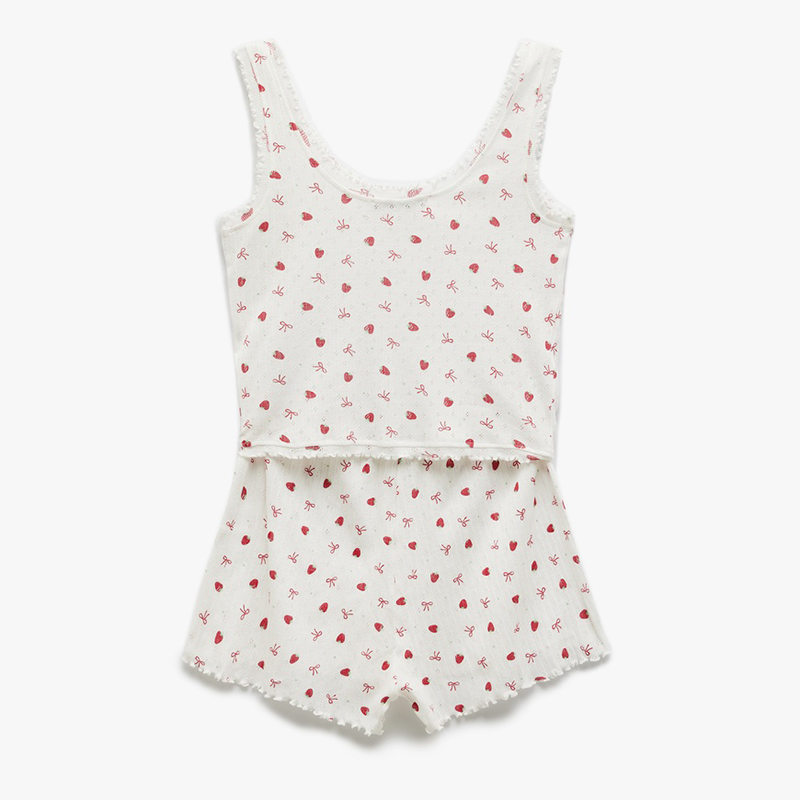 Cotton U-neck sleeveless strawberry printed shorts pajama set