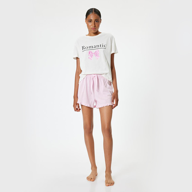 Cotton bowtie printed ruffle detail t-shirt and shorts 2 piece pajama set