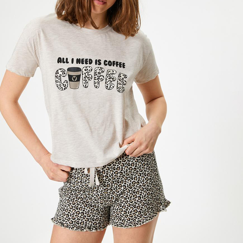 Leopard print cotton blend short sleeve voluminous knitted pajama set with shorts