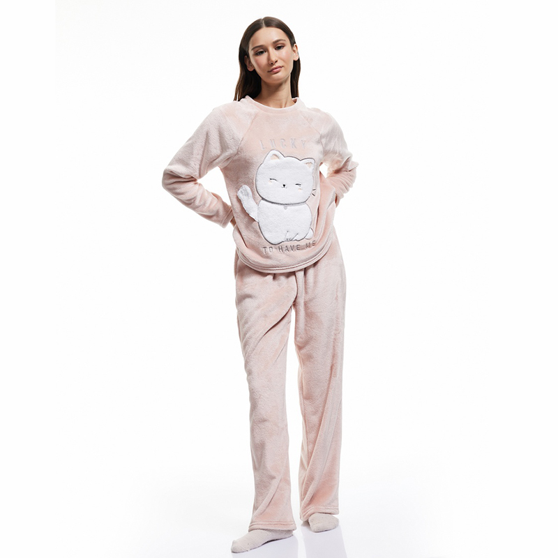 Cat applique detail long sleeve fleece pajama set