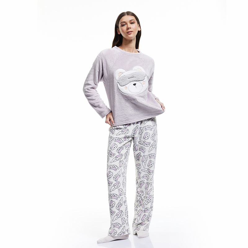 Relax fit teddy bear applique detail long sleeve fleece pajama set
